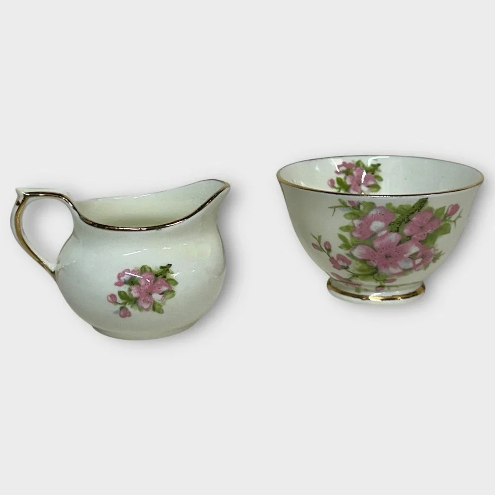 Sutherland English Bone China Creamer Open Sugar Bowl‎ Set PEACH BLOSSOM Vintage